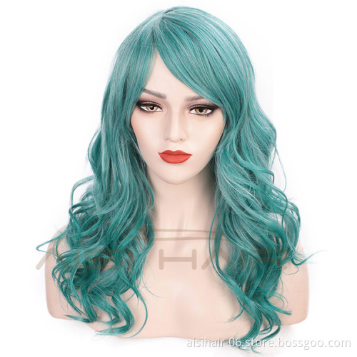 Aisi Hair Synthetic Long Wavy Lake Blue Wig for Woman Cosplay Wig Grey Green Blue Heat Resistant Fiber Wigs